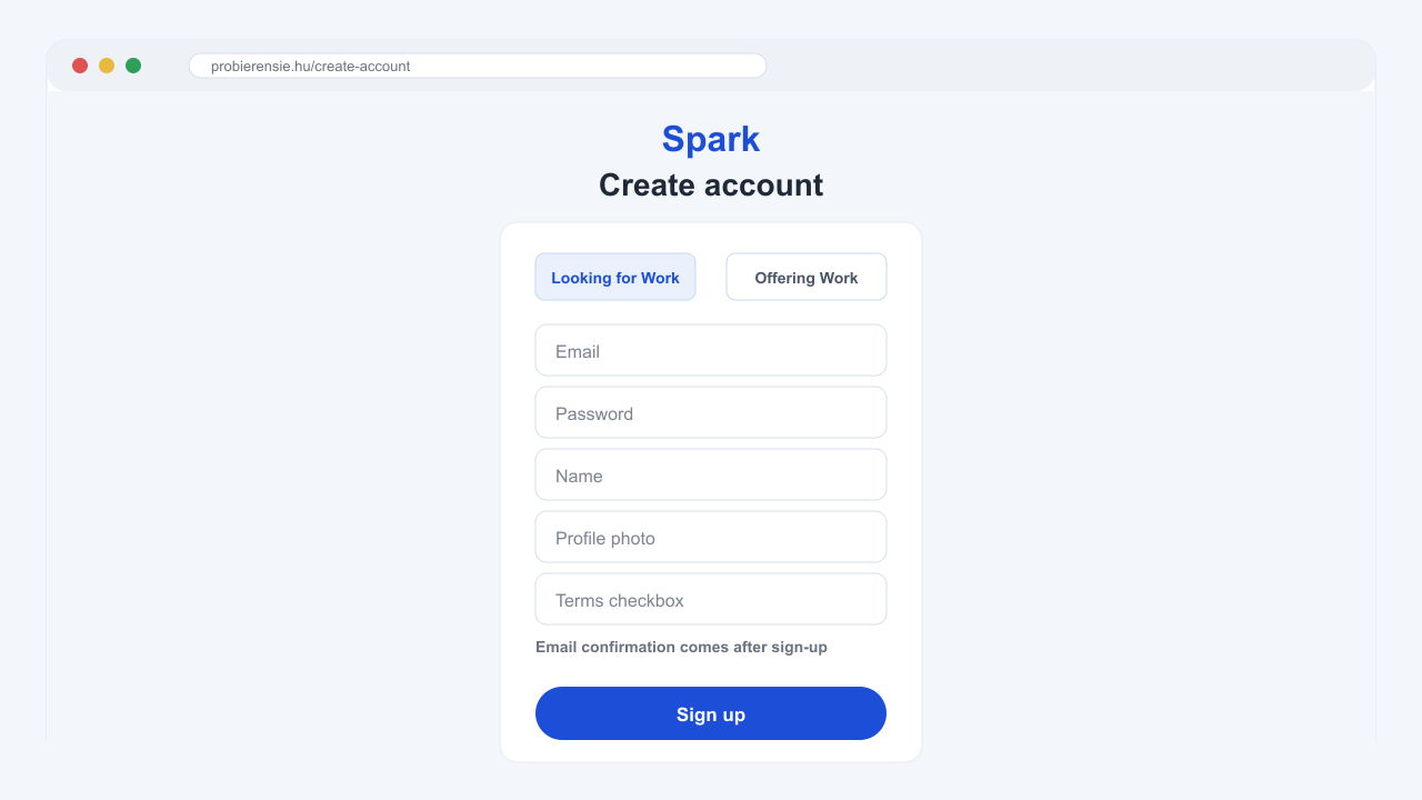 Desktop screenshot of the Spark registration form