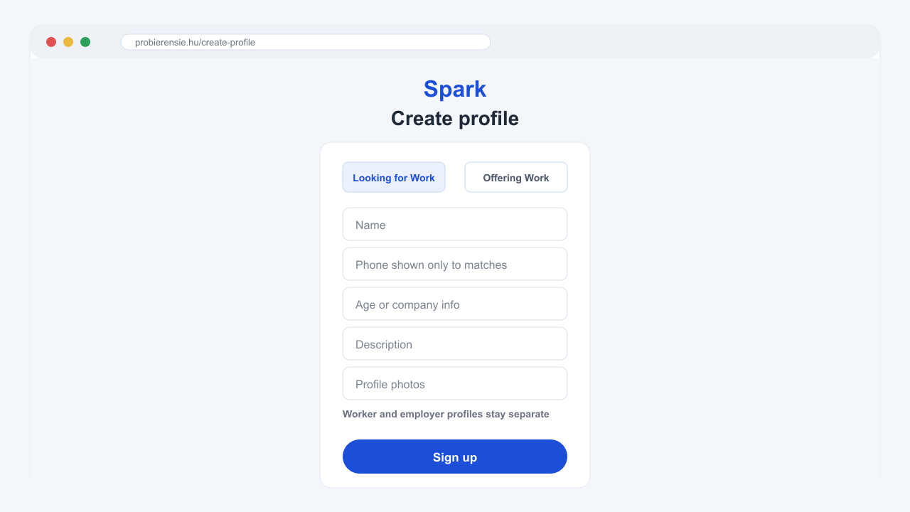 Desktop screenshot of the Spark profile creation form