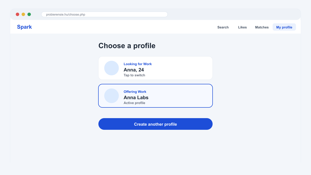 Desktop screenshot of the Spark profile switcher